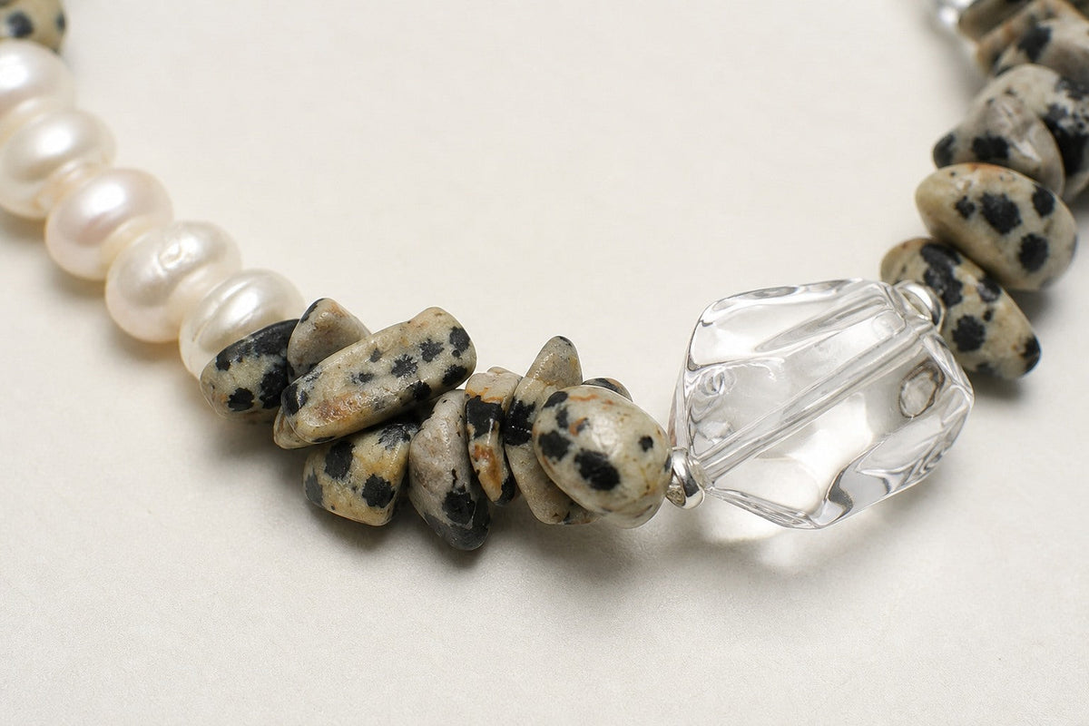 Close-up of clear quartz bracelet stones and sterling silver details for visual inspection