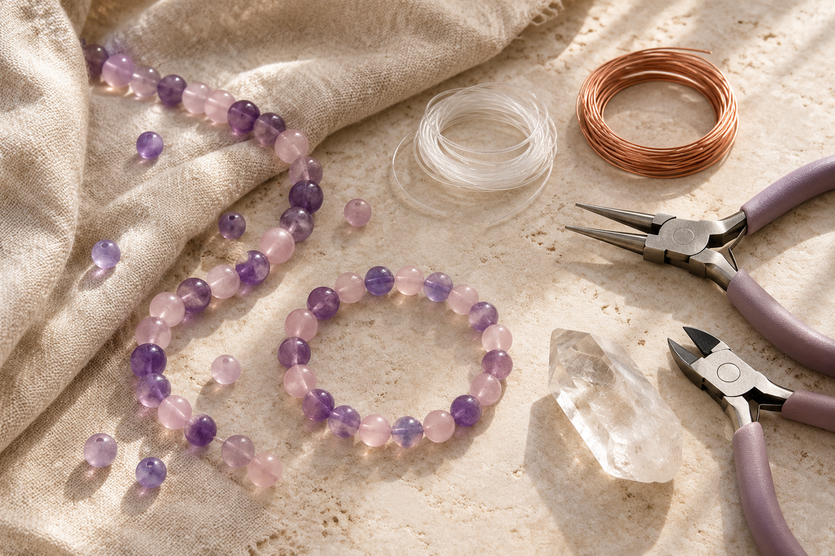 AI-generated illustration of gemstone-style beads and jewellery-making tools on a pale work surface.