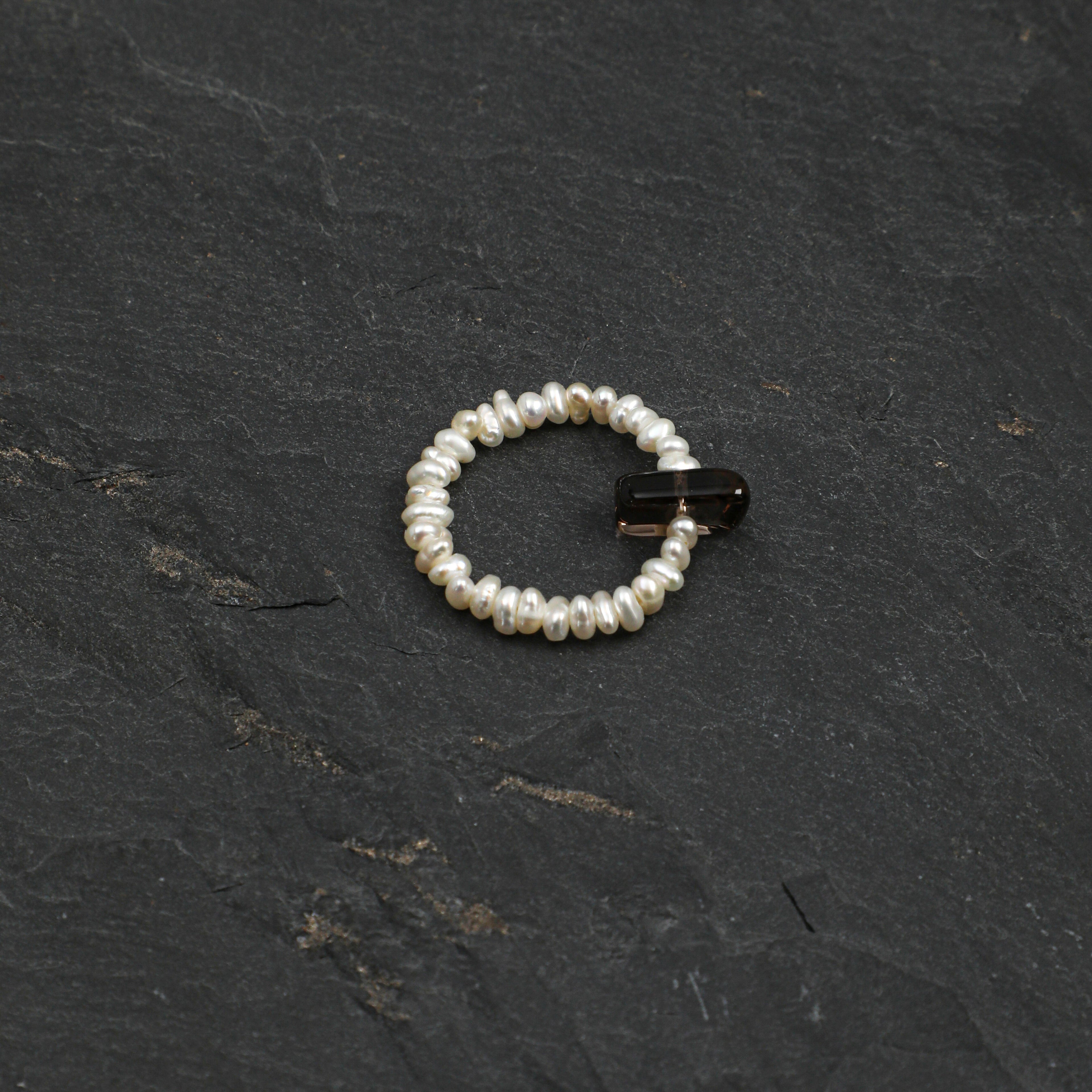 Smoky quartz and freshwater pearl ring by Mineralyra