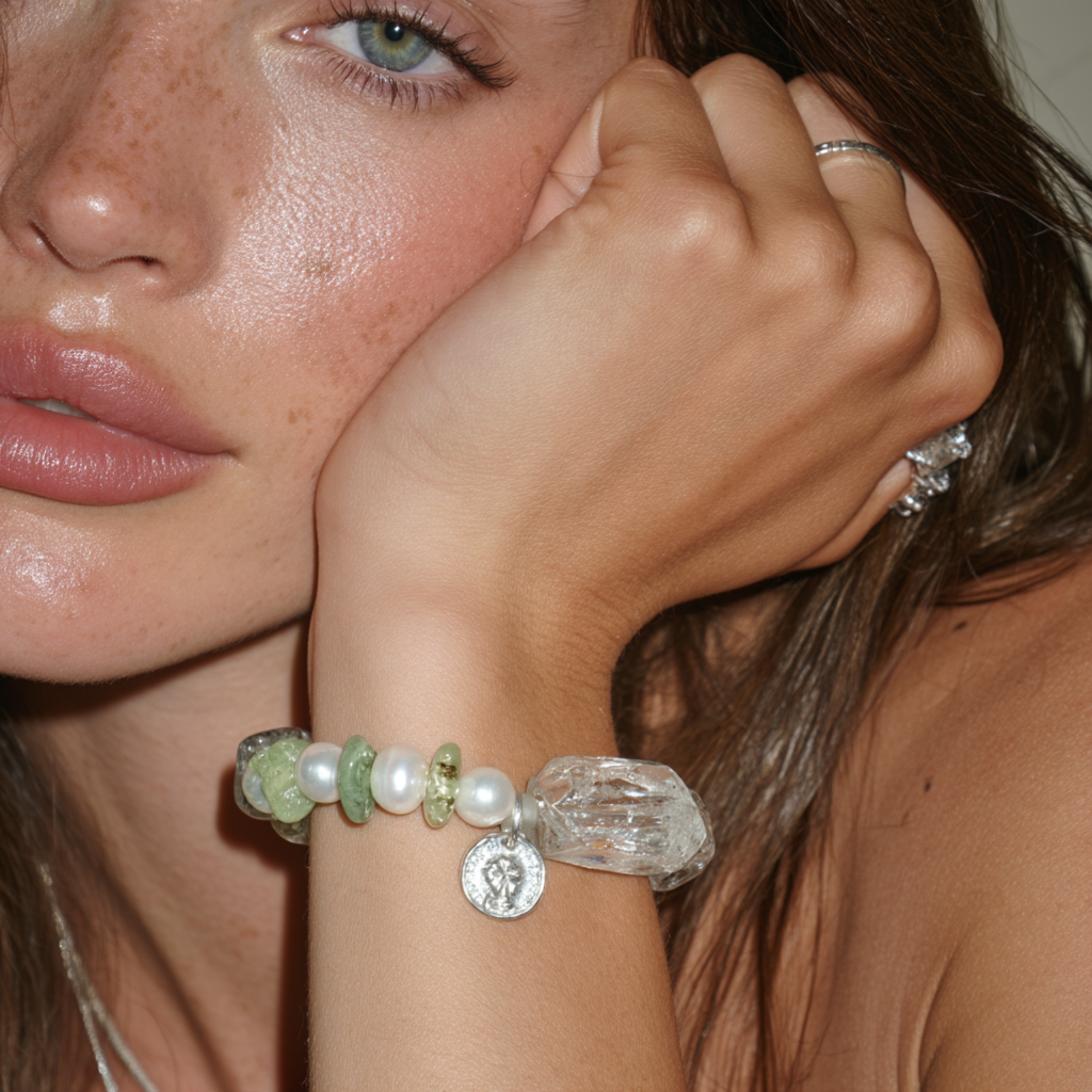 Green Quartz, Prehnite & Freshwater Pearl Bracelet