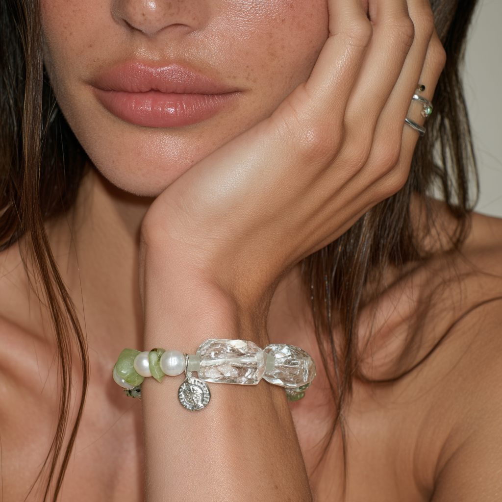 Bracelet – quartz vert et préhnite et perles d’eau douce