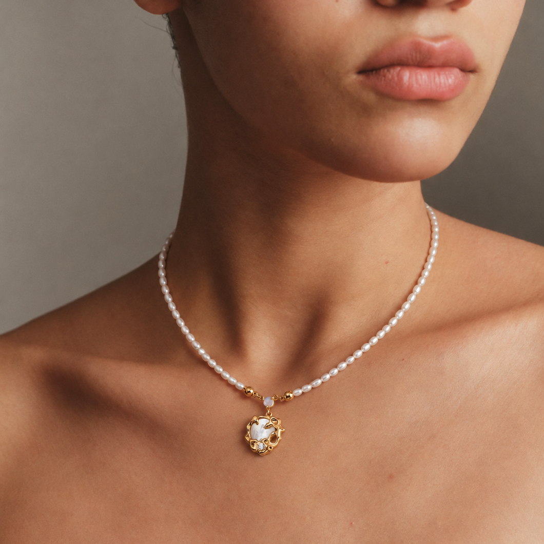 Dainty Pearl Necklace with Sculptural Gold-Tone Pendant