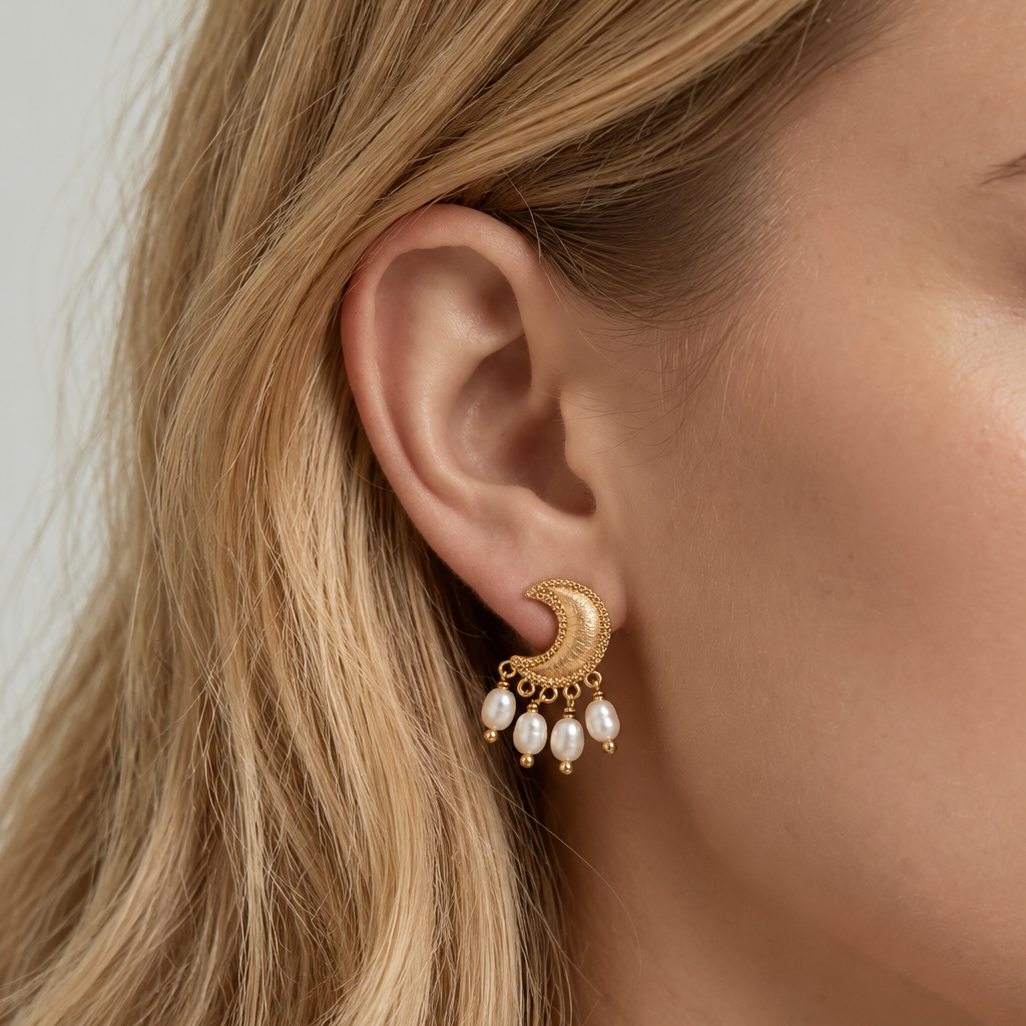 925 Sterling Silver Crescent Moon Pearl & Tiger's Eye Earrings