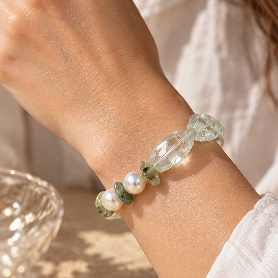 Bracelet – quartz vert et préhnite et perles d’eau douce