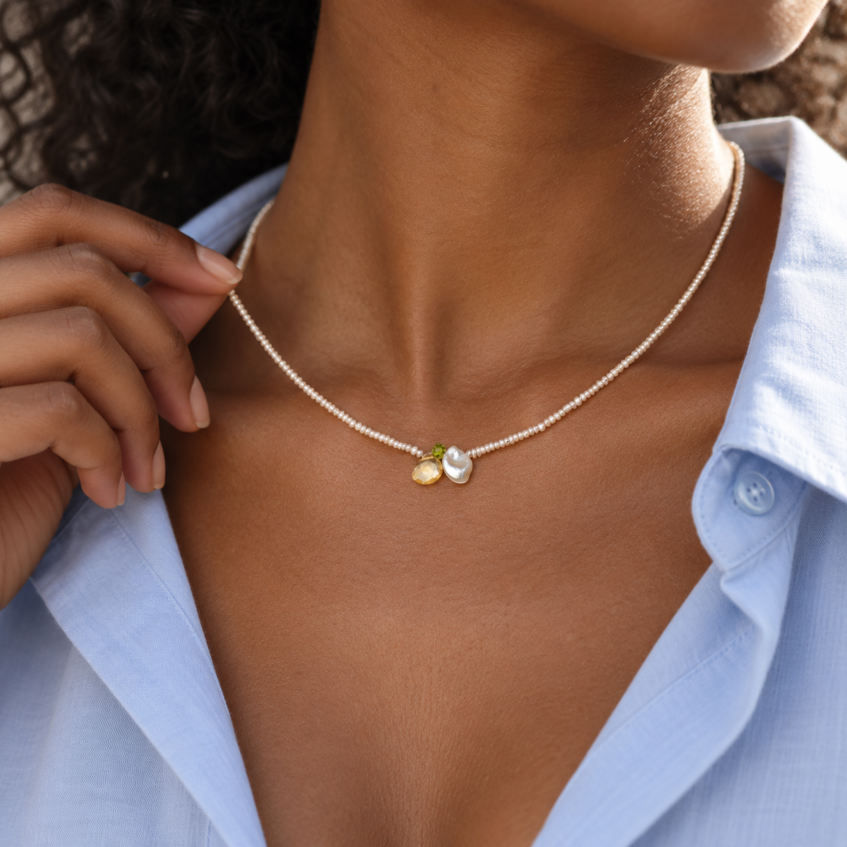 Citrine, Peridot & Freshwater Pearl Drop Necklace