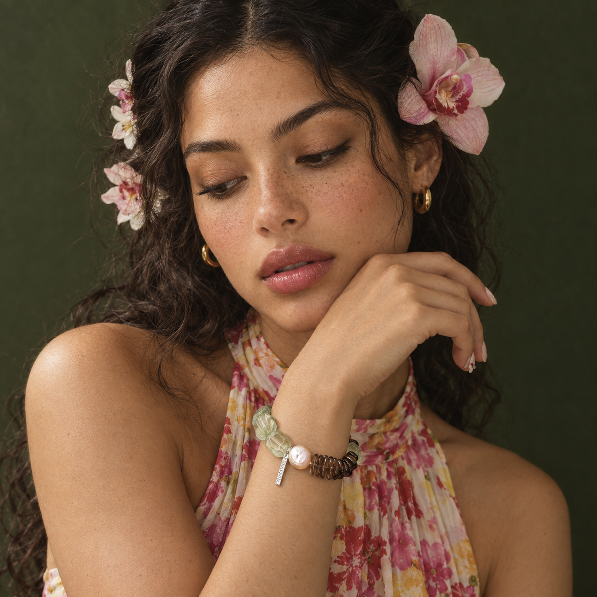 Amazonite and grey freshwater pearl bracelet worn on a wrist