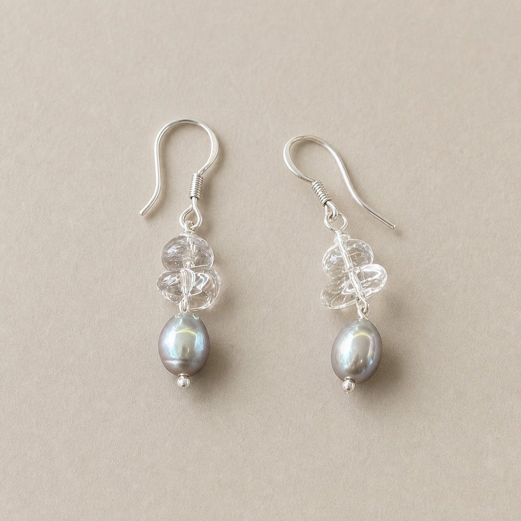 Clear Quartz & Grey Pearl Earrings – Drop, Sterling Silver — alternate angle showing earrings structure and findings