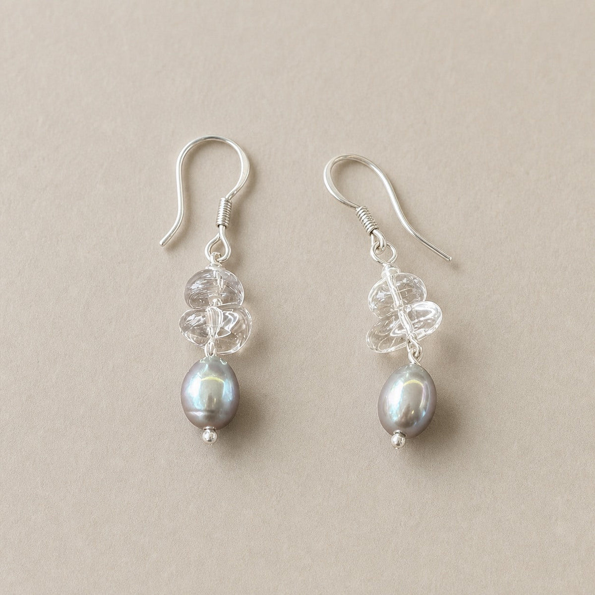 Clear Quartz & Grey Pearl Earrings – Drop, Sterling Silver — alternate angle showing earrings structure and findings