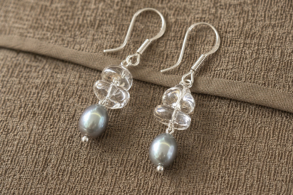 Clear Quartz & Grey Pearl Earrings – Drop, Sterling Silver — close-up showing stone, pearl and sterling silver details