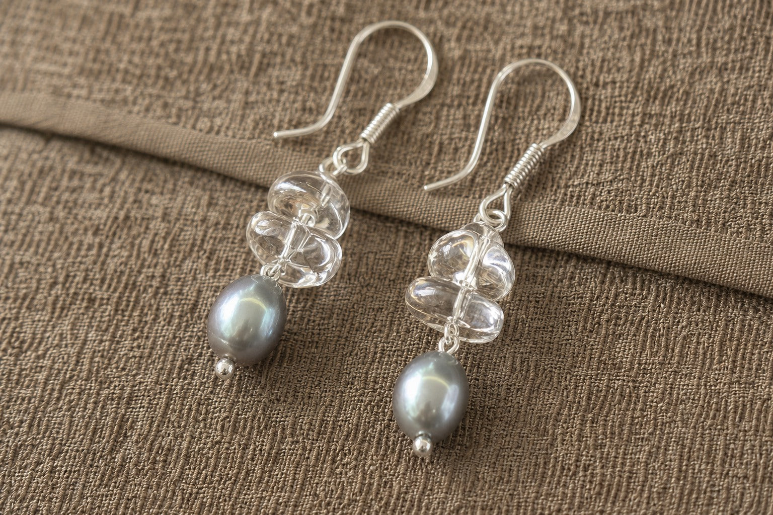 Clear Quartz & Grey Pearl Earrings – Drop, Sterling Silver — close-up showing stone, pearl and sterling silver details