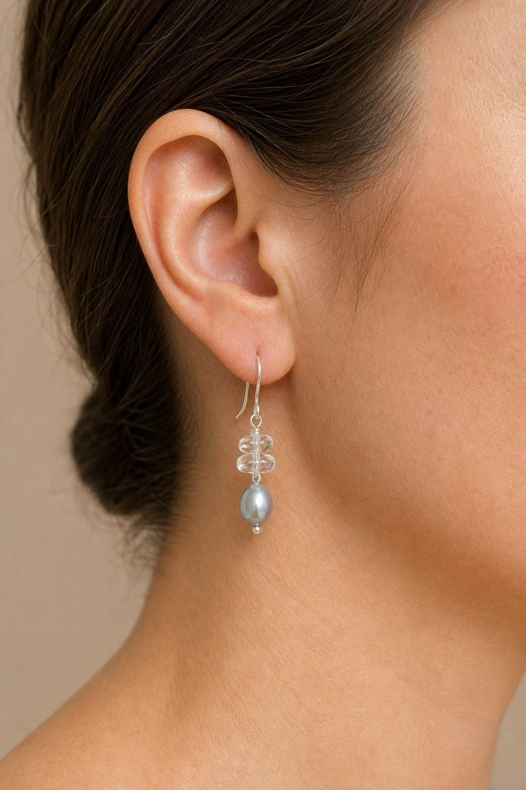 Clear Quartz & Grey Pearl Earrings – Drop, Sterling Silver — model wearing view showing earrings scale and fit