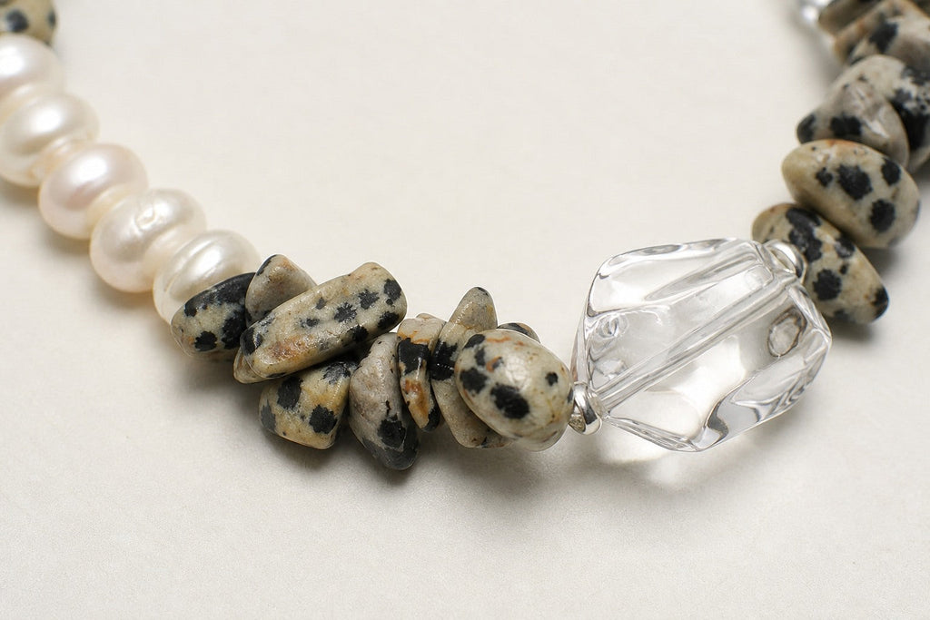 Clear Quartz Bracelet – Double-Point, Sterling Silver — close-up showing stone, pearl and sterling silver details
