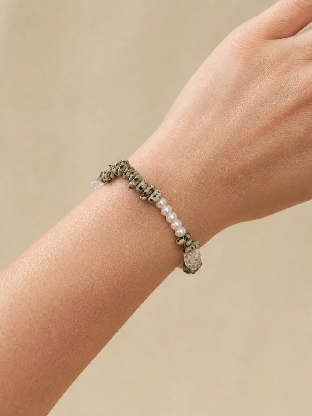 Clear Quartz Bracelet – Double-Point, Sterling Silver — model wearing view showing bracelet scale and fit