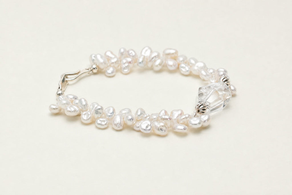 Clear Quartz & Baroque Pearl Bracelet – Double-Point, Sterling Silver — alternate angle showing bracelet structure and findings