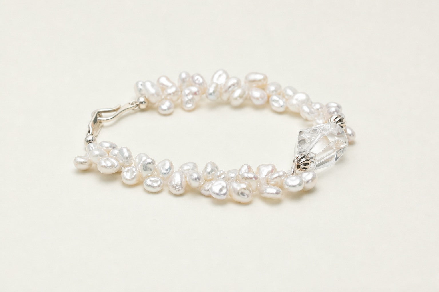 Clear Quartz & Baroque Pearl Bracelet – Double-Point, Sterling Silver — alternate angle showing bracelet structure and findings