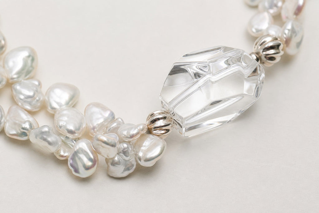 Clear Quartz & Baroque Pearl Bracelet – Double-Point, Sterling Silver — close-up showing stone, pearl and sterling silver details