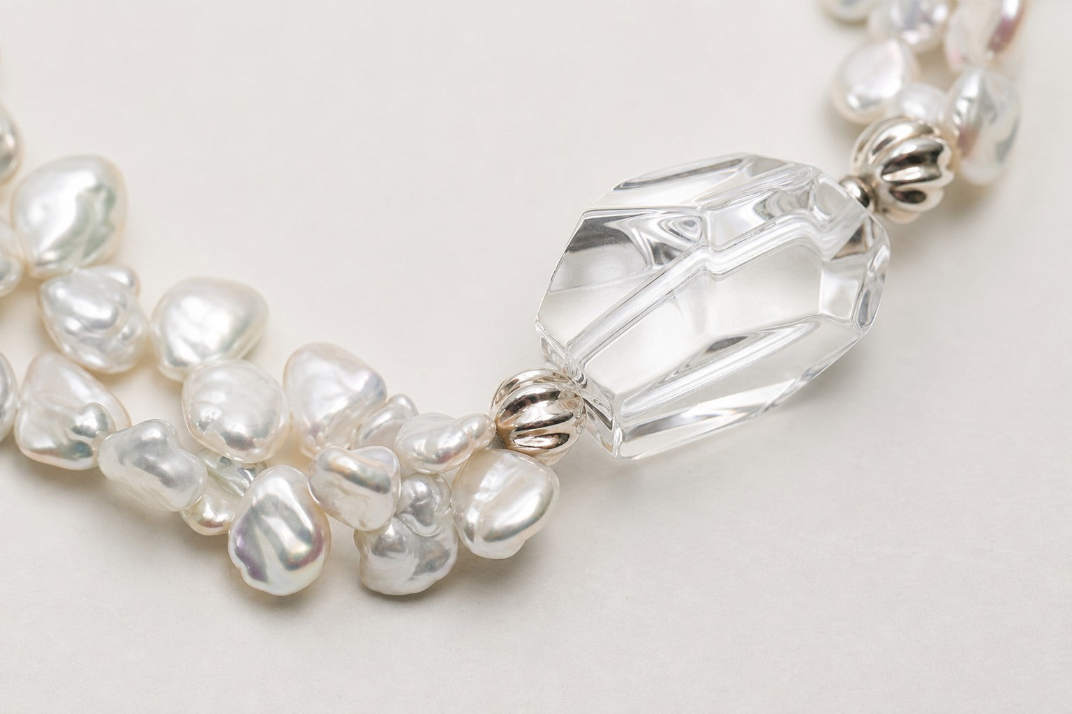 Clear Quartz & Baroque Pearl Bracelet – Double-Point, Sterling Silver — close-up showing stone, pearl and sterling silver details