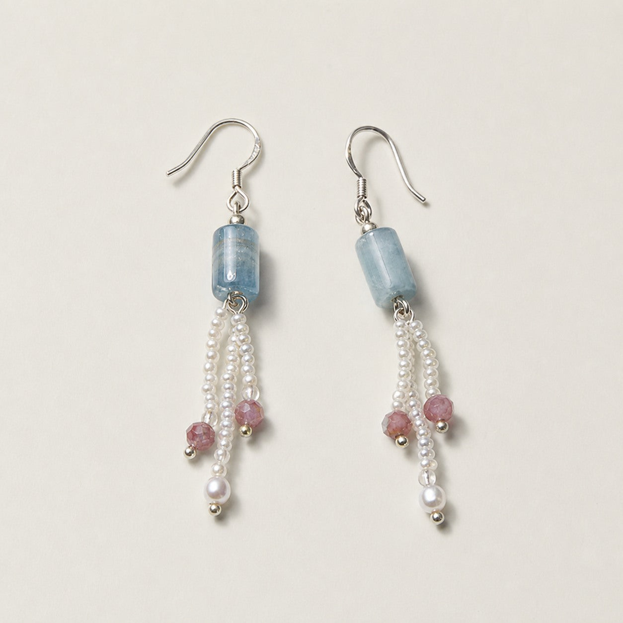 Clear Quartz & Tourmaline & Pearl Earrings – Faceted, Sterling Silver — alternate angle showing earrings structure and findings