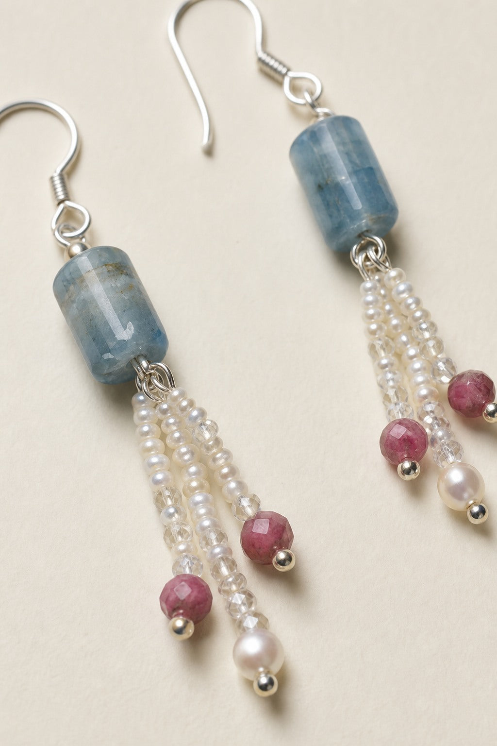 Clear Quartz & Tourmaline & Pearl Earrings – Faceted, Sterling Silver — close-up showing stone, pearl and sterling silver details