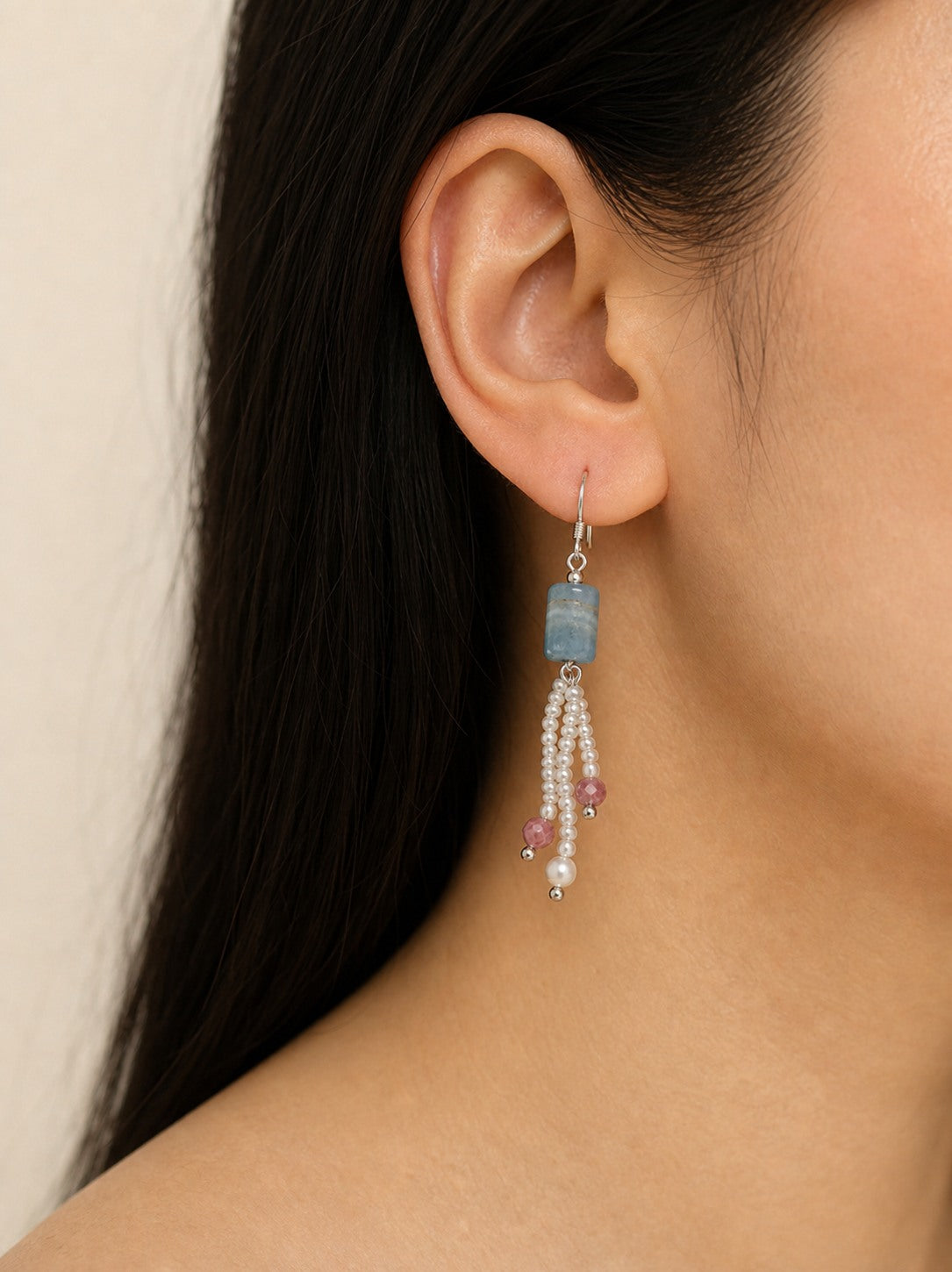 Clear Quartz & Tourmaline & Pearl Earrings – Faceted, Sterling Silver — model wearing view showing earrings scale and fit