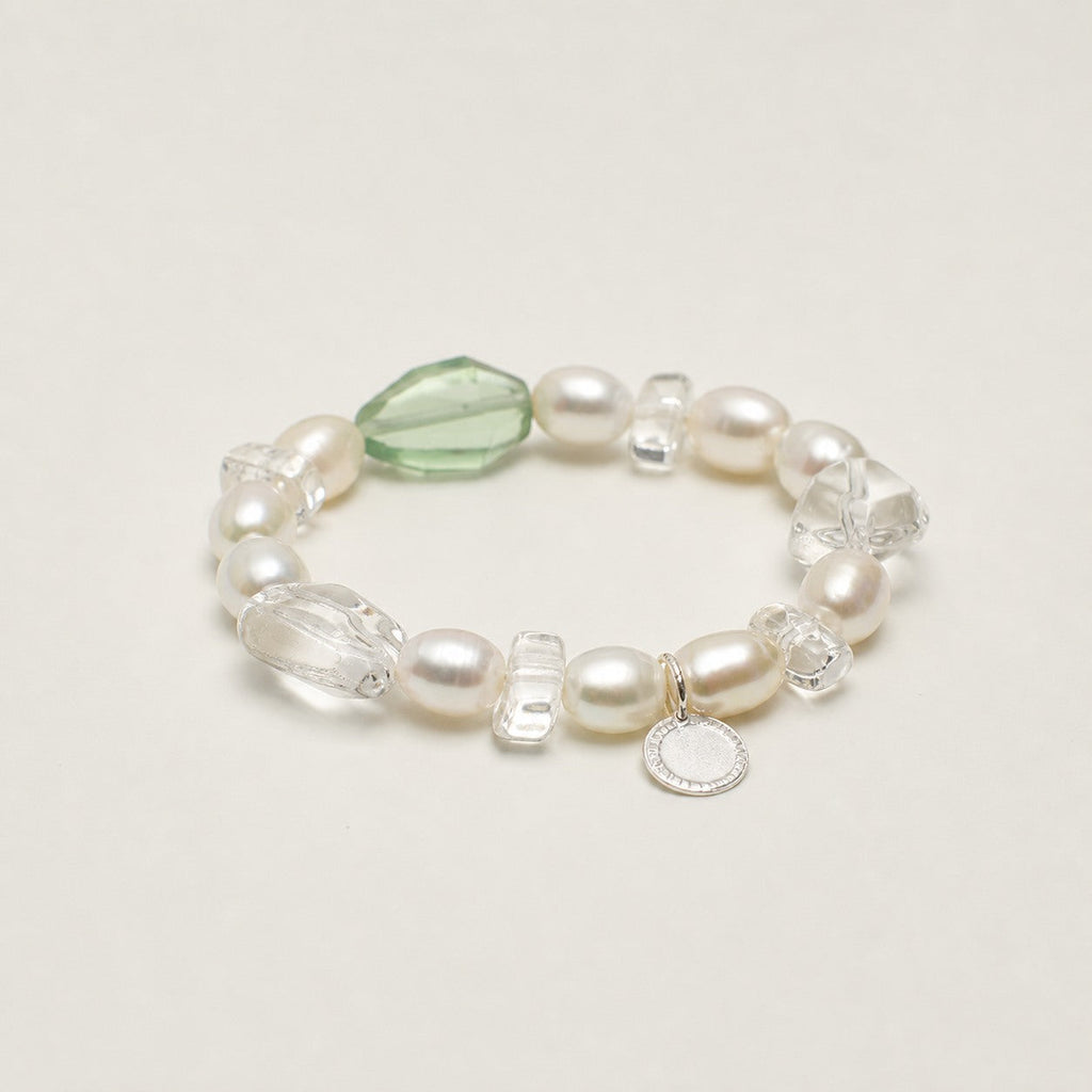Clear Quartz & Fluorite Bracelet – Double-Point, Sterling Silver — alternate angle showing bracelet structure and clasp