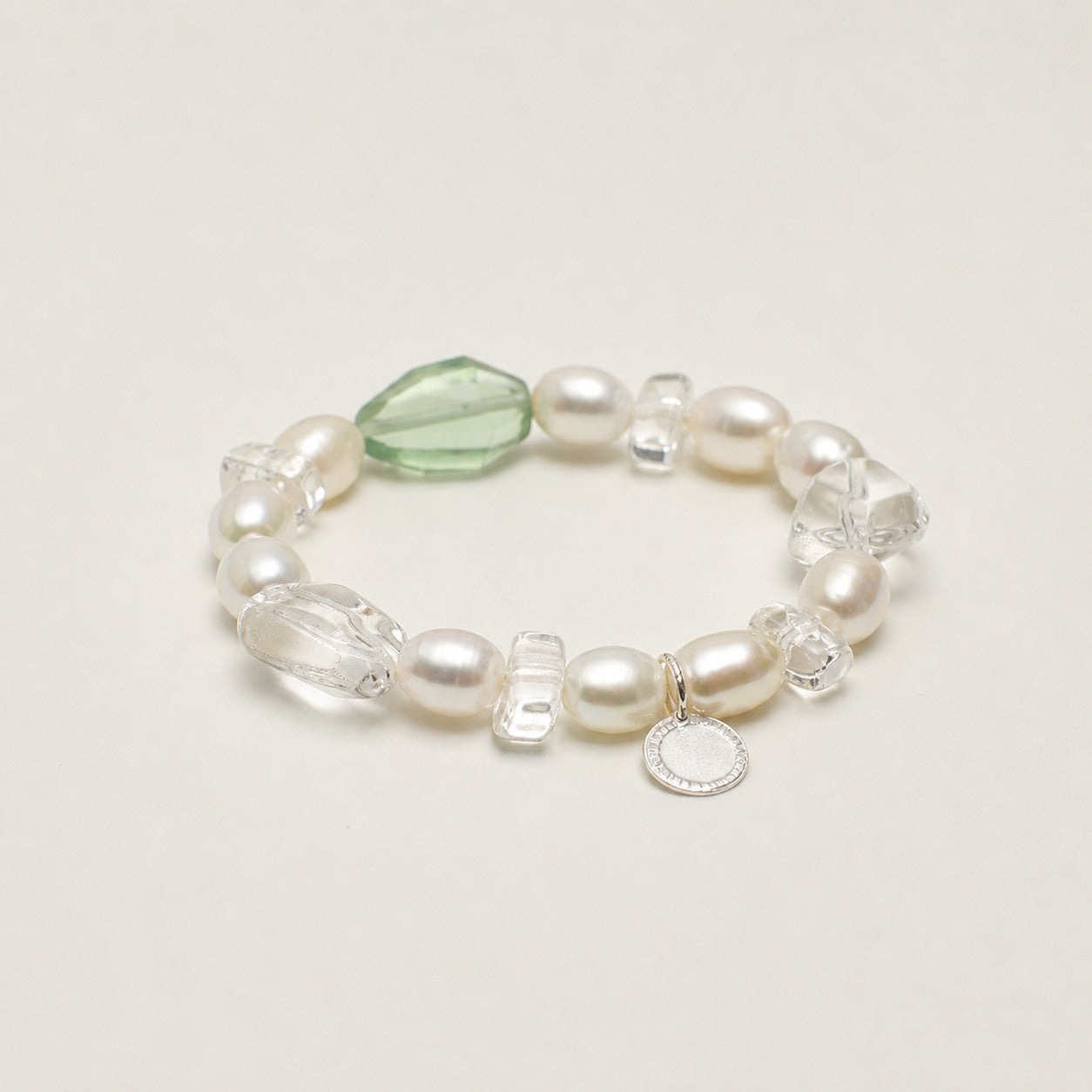 Clear Quartz & Fluorite Bracelet – Double-Point, Sterling Silver — alternate angle showing bracelet structure and clasp