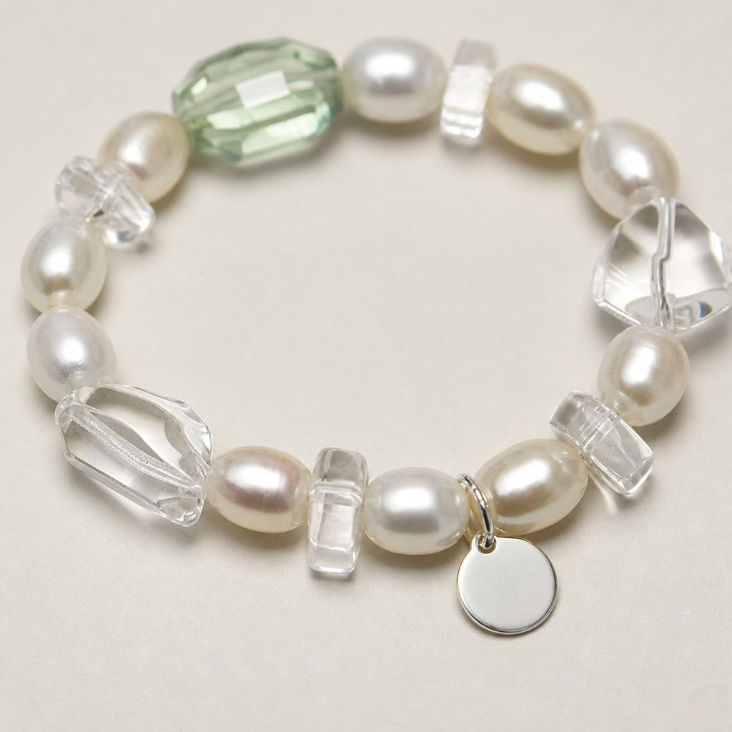 Clear Quartz & Fluorite Bracelet – Double-Point, Sterling Silver — close-up showing stone, pearl and sterling silver details