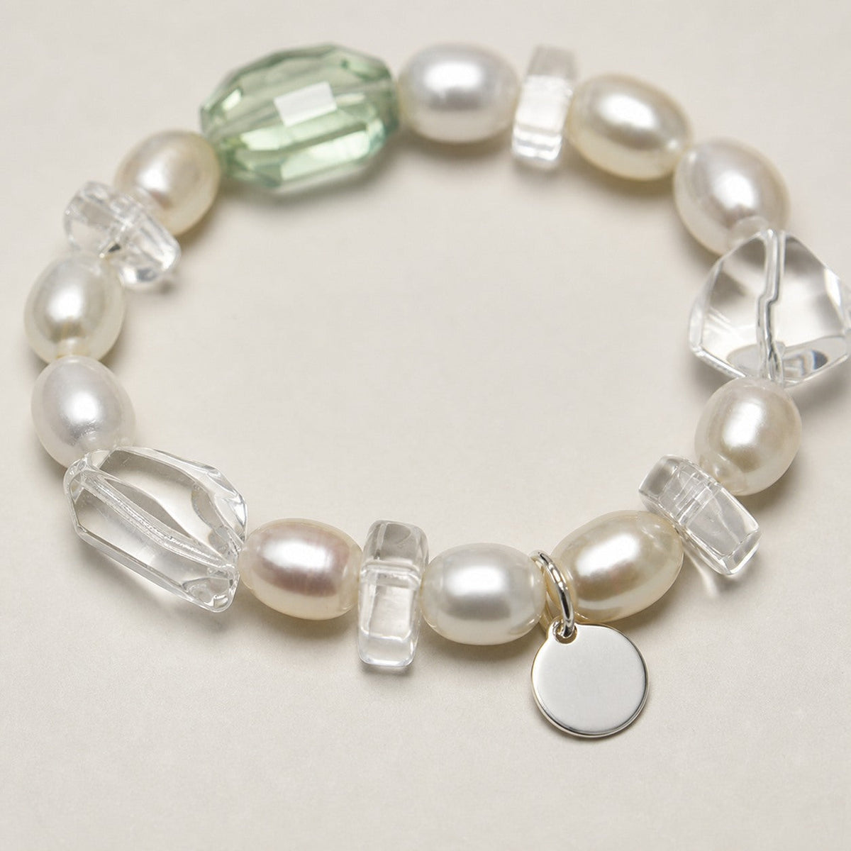 Clear Quartz & Fluorite Bracelet – Double-Point, Sterling Silver — close-up showing stone, pearl and sterling silver details
