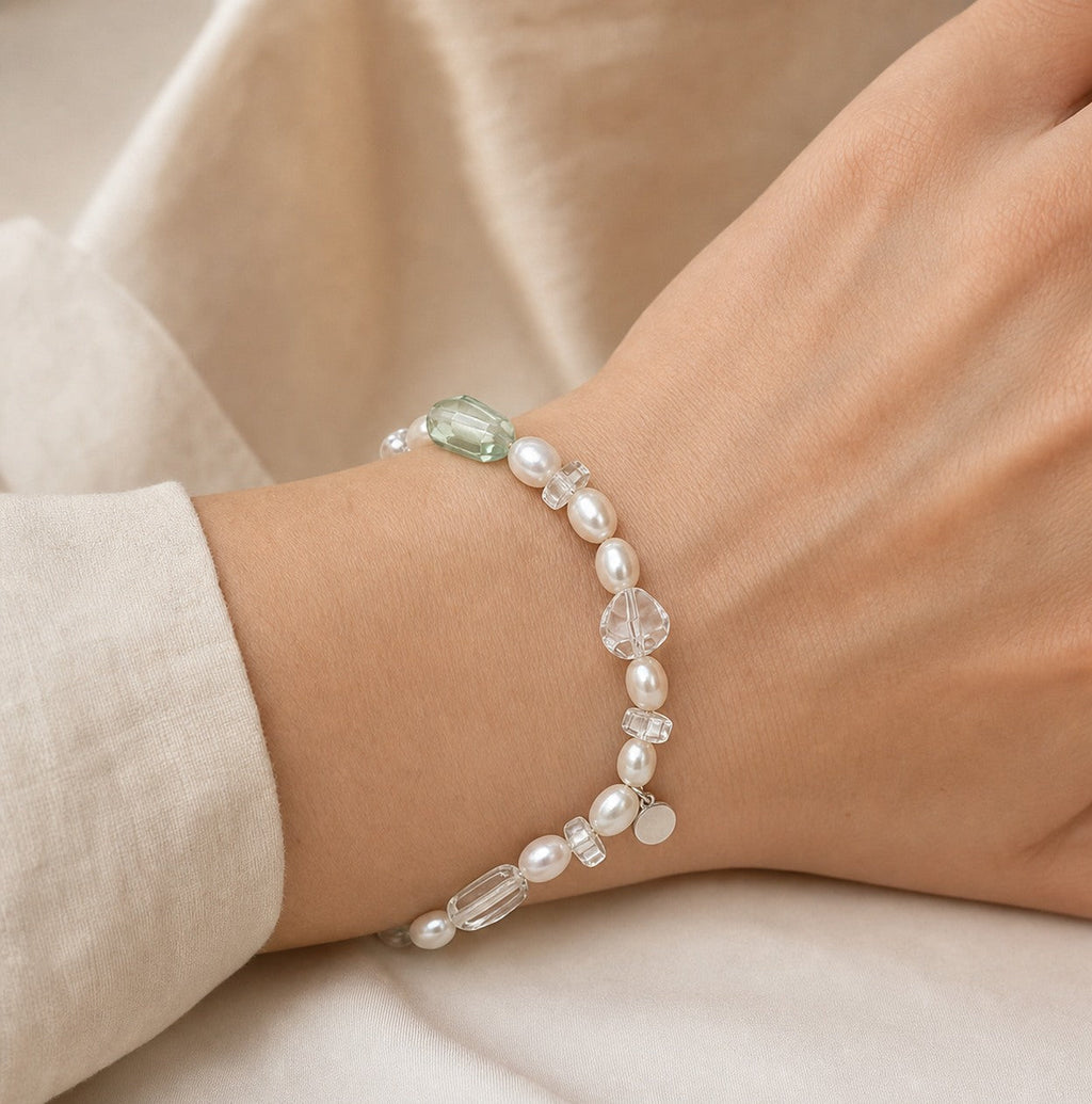 Clear Quartz & Fluorite Bracelet – Double-Point, Sterling Silver — model wearing view showing bracelet scale and fit