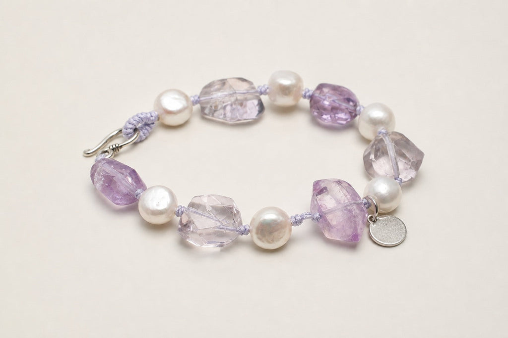 Amethyst & Baroque Pearl Bracelet – Double-Point, Sterling Silver — alternate angle showing bracelet structure and findings