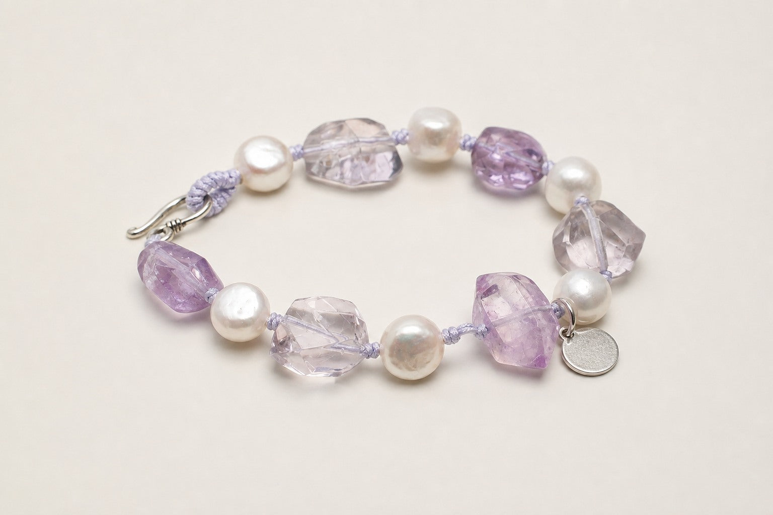 Amethyst & Baroque Pearl Bracelet – Double-Point, Sterling Silver — alternate angle showing bracelet structure and findings