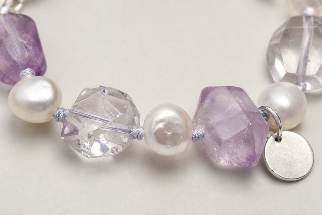 Amethyst & Baroque Pearl Bracelet – Double-Point, Sterling Silver — close-up showing stone, pearl and sterling silver details