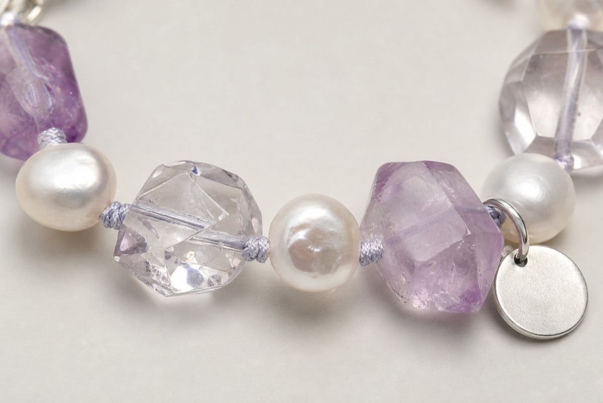 Amethyst & Baroque Pearl Bracelet – Double-Point, Sterling Silver — close-up showing stone, pearl and sterling silver details