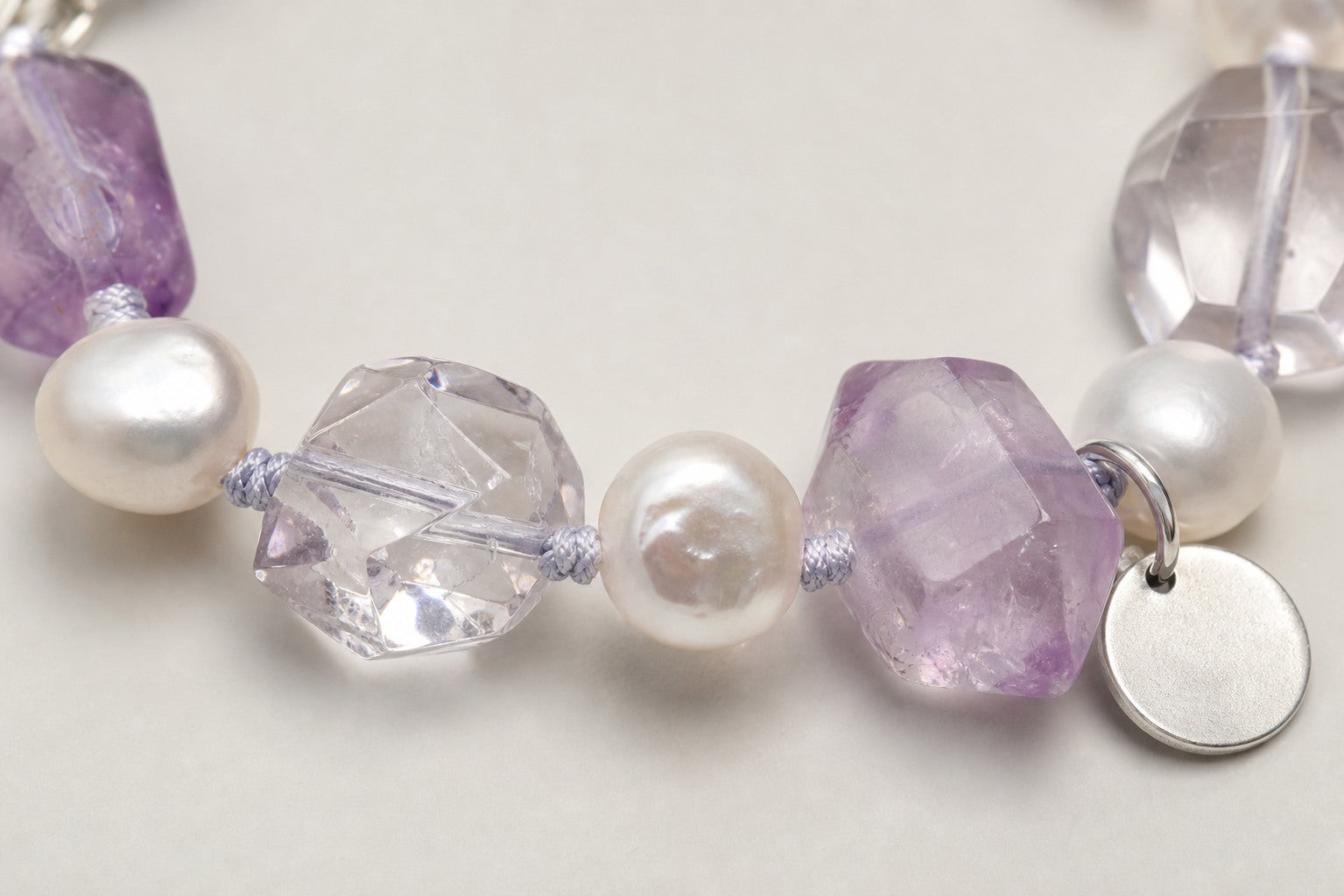 Amethyst & Baroque Pearl Bracelet – Double-Point, Sterling Silver — close-up showing stone, pearl and sterling silver details