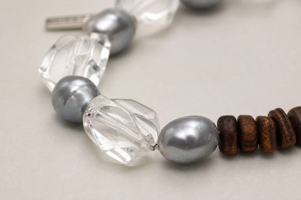 Clear Quartz & Agarwood Bracelet – Double-Point, Sterling Silver — close-up showing stone, pearl and sterling silver details