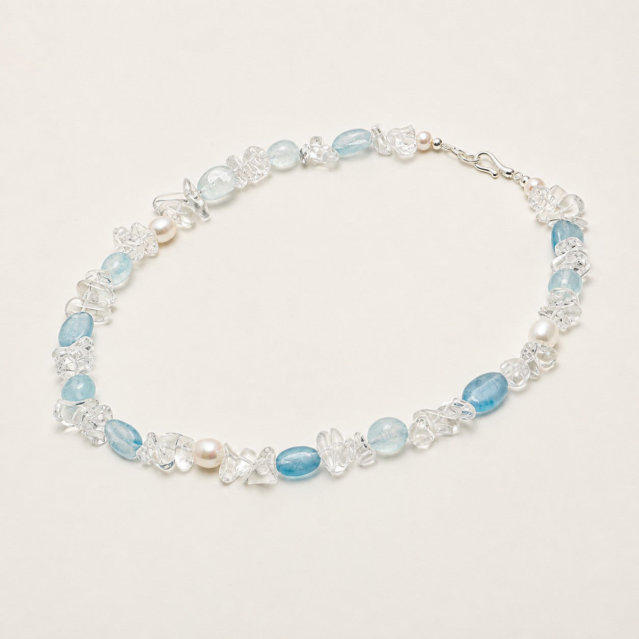 Clear Quartz & Aquamarine & Pearl Necklace – Chip, Sterling Silver — alternate angle showing necklace structure and clasp