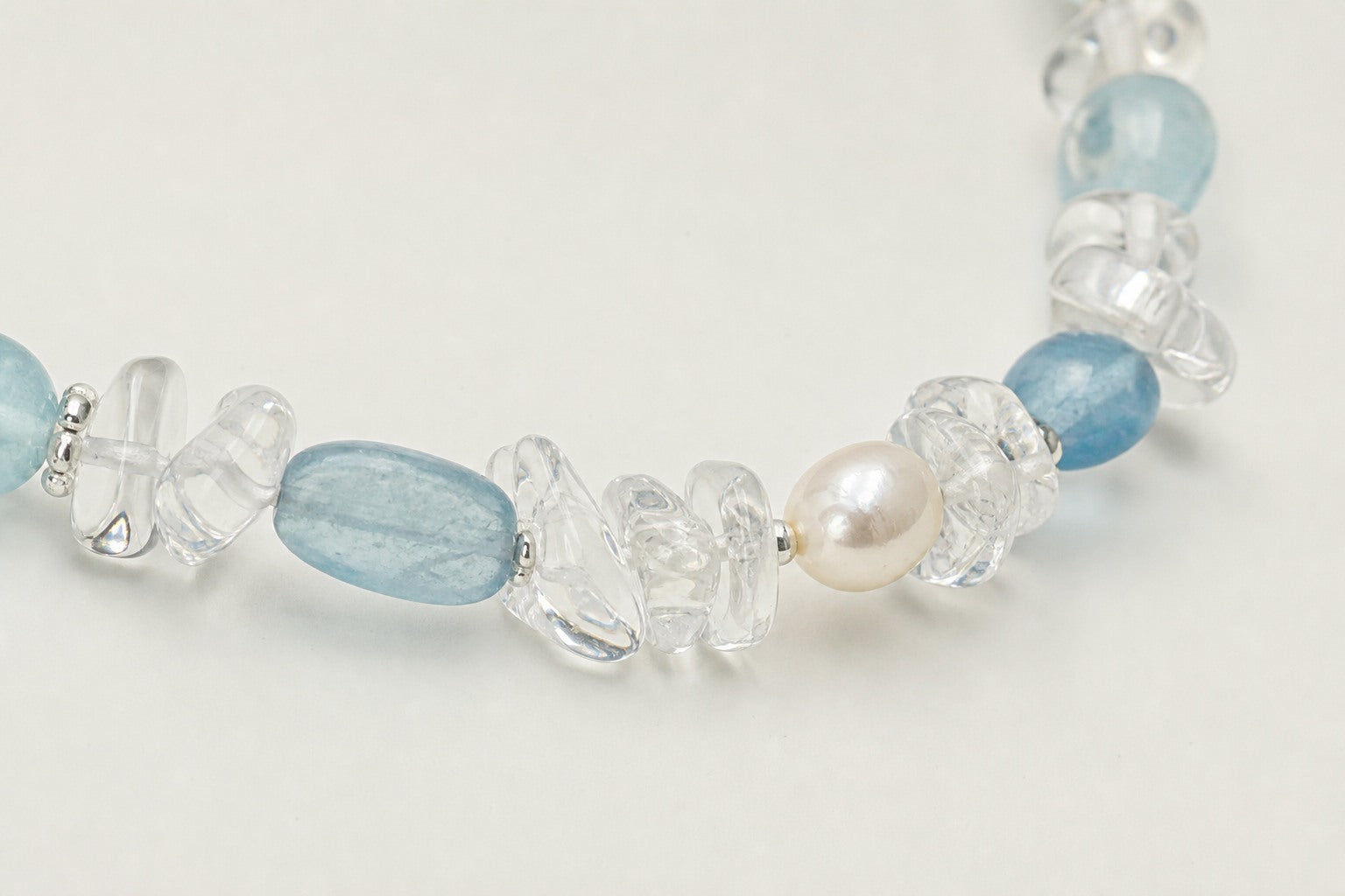 Clear Quartz & Aquamarine & Pearl Necklace – Chip, Sterling Silver — close-up showing stone, pearl and sterling silver details