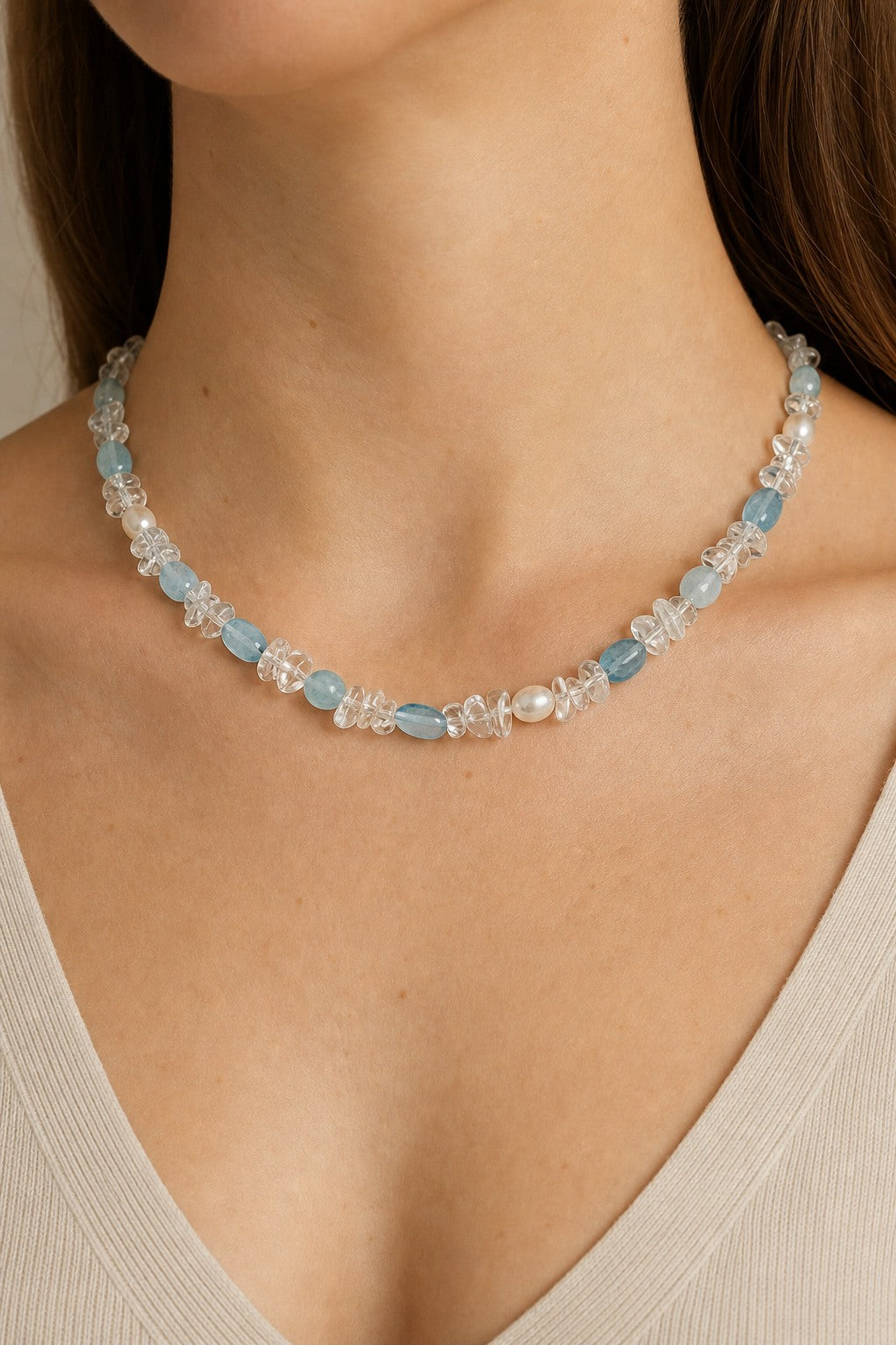 Clear Quartz & Aquamarine & Pearl Necklace – Chip, Sterling Silver — model wearing view showing necklace scale and fit