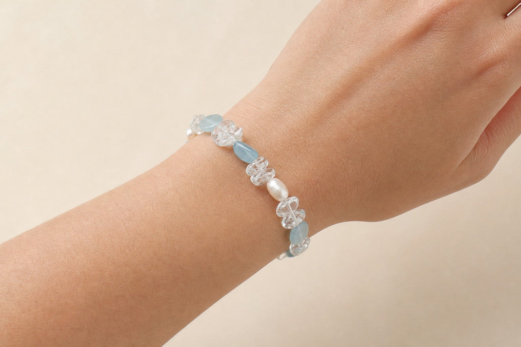 Clear Quartz & Aquamarine & Pearl Bracelet – Chip, Sterling Silver — model wearing view showing bracelet scale and fit