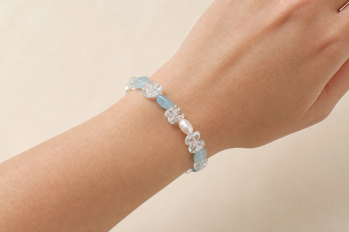 Clear Quartz & Aquamarine & Pearl Bracelet – Chip, Sterling Silver — model wearing view showing bracelet scale and fit