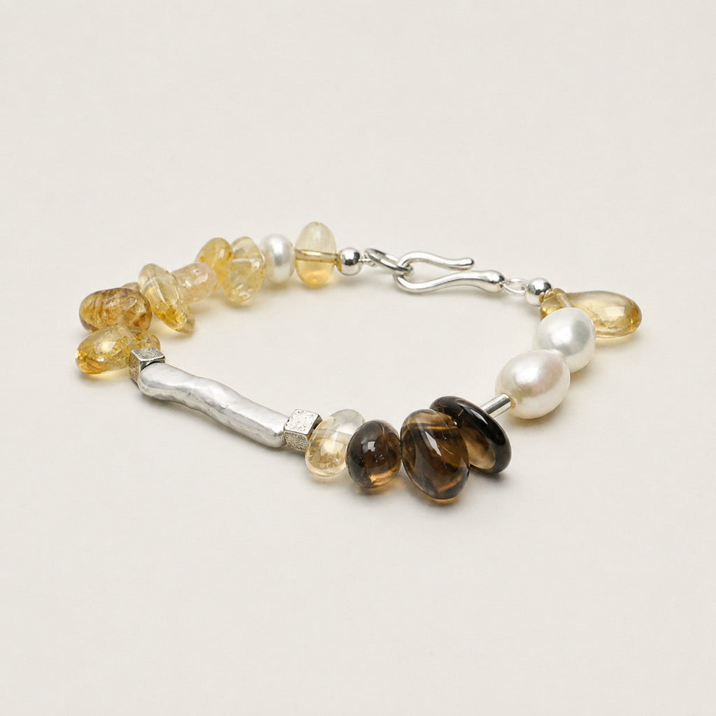 Citrine & Smoky Quartz & Pearl Bracelet – Freeform, Sterling Silver — alternate angle showing bracelet structure and clasp