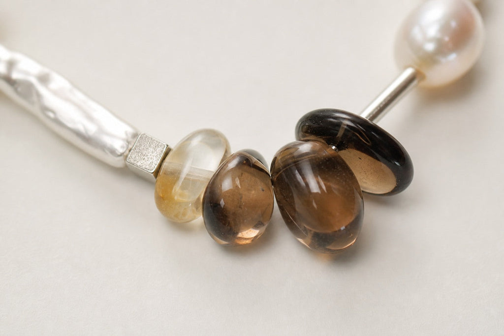 Citrine & Smoky Quartz & Pearl Bracelet – Freeform, Sterling Silver — close-up showing stone, pearl and sterling silver details