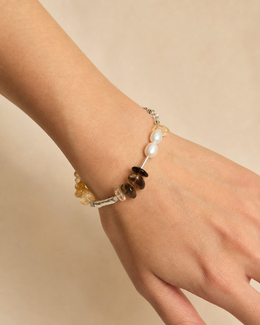 Citrine & Smoky Quartz & Pearl Bracelet – Freeform, Sterling Silver — model wearing view showing bracelet scale and fit