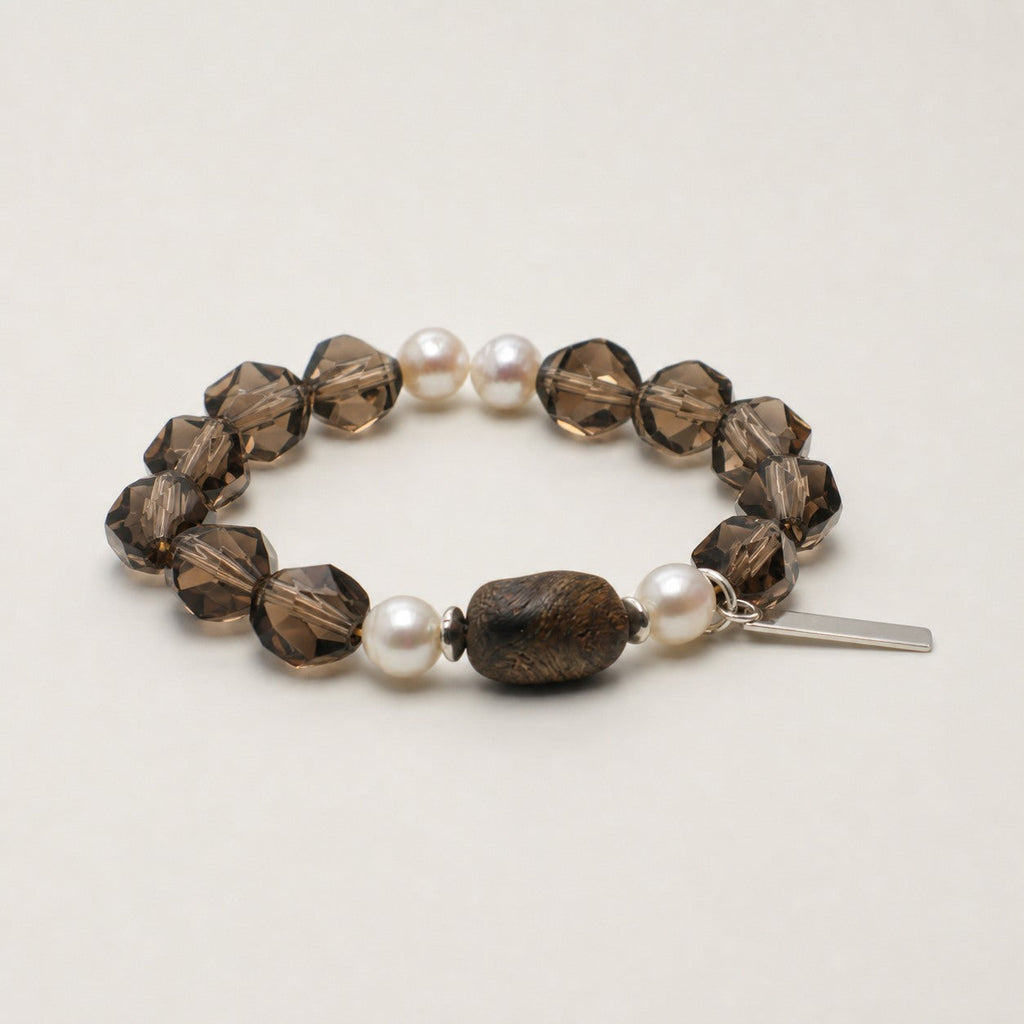 Agarwood & Freshwater Pearl Bracelet – Faceted, Sterling Silver — alternate angle showing bracelet structure and tag