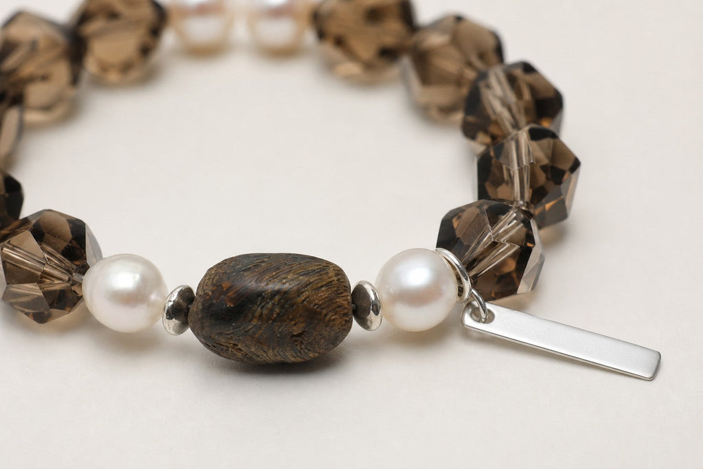 Agarwood & Freshwater Pearl Bracelet – Faceted, Sterling Silver — close-up showing agarwood, pearl and silver details