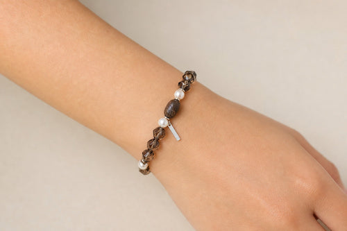 Agarwood & Freshwater Pearl Bracelet – Faceted, Sterling Silver — model wearing view showing bracelet scale and fit