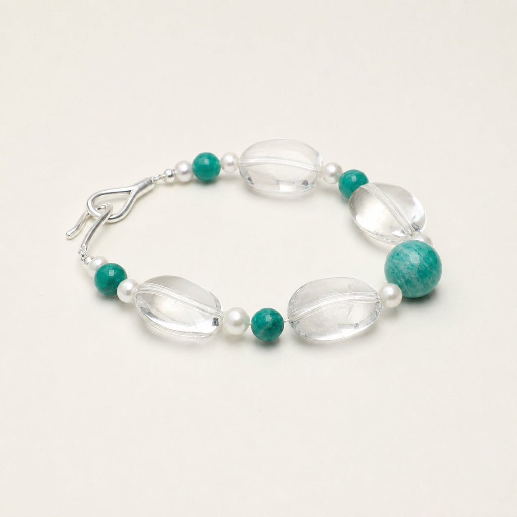 Clear Quartz & Amazonite & Pearl Bracelet – Freeform, Sterling Silver — alternate angle showing bracelet structure and clasp
