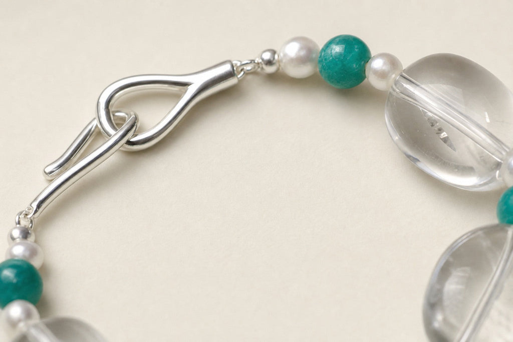 Clear Quartz & Amazonite & Pearl Bracelet – Freeform, Sterling Silver — close-up showing stone, pearl and sterling silver details