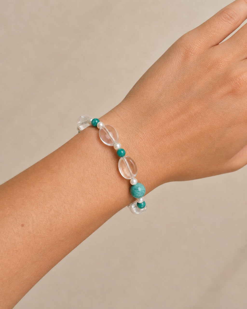 Clear Quartz & Amazonite & Pearl Bracelet – Freeform, Sterling Silver — model wearing view showing bracelet scale and fit