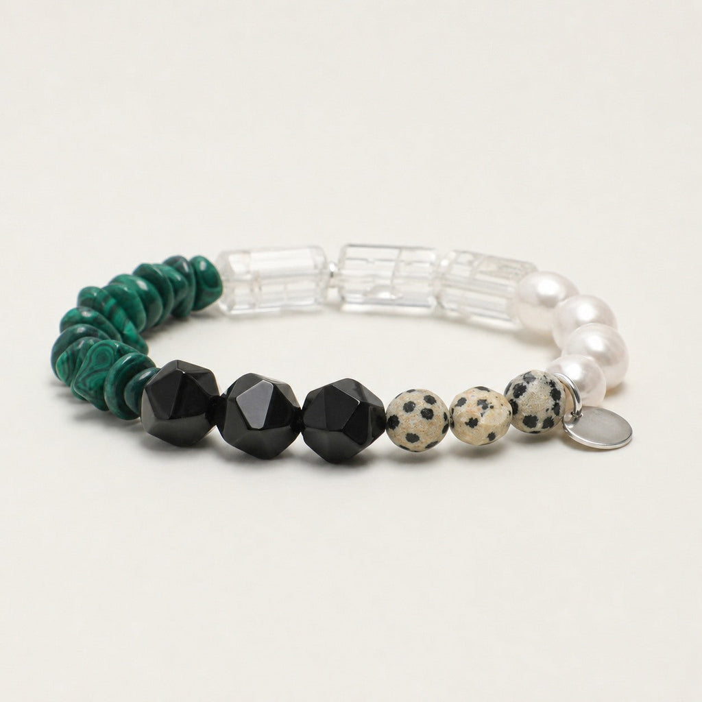 Clear Quartz & Malachite & Agate Bracelet – Faceted, Sterling Silver — alternate angle showing bracelet structure and clasp